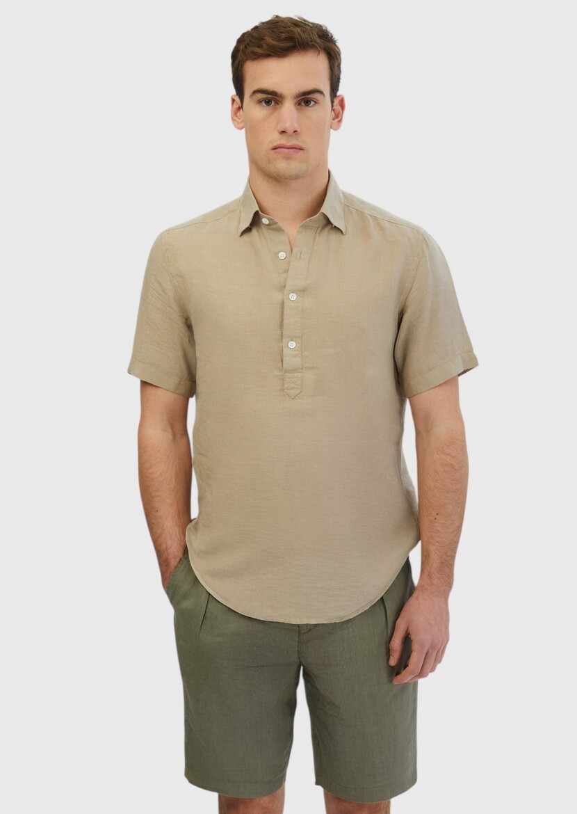 Mink Plain Casual Fit Short Weaving Casual 100% Linen Shirt - 1