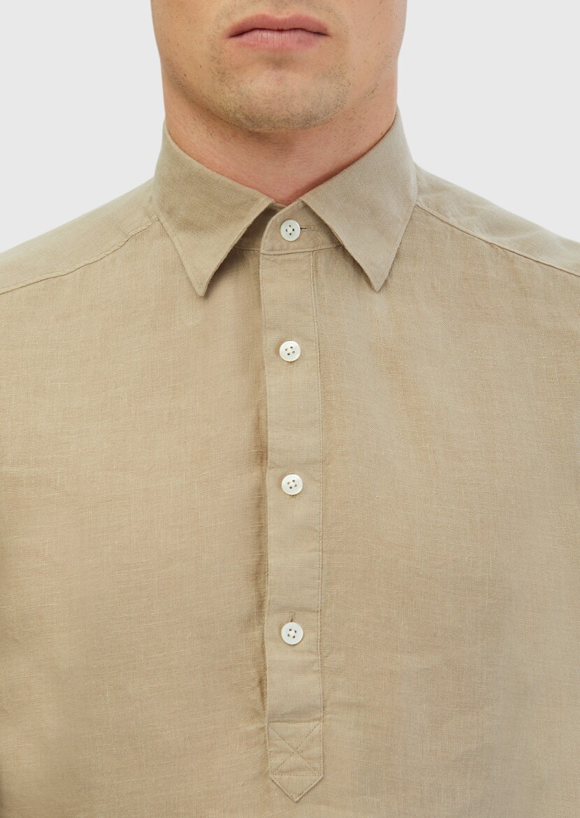 Mink Plain Casual Fit Short Weaving Casual 100% Linen Shirt - 4