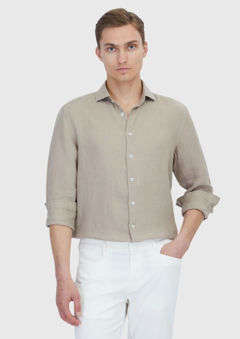 Mink Plain Casual Fit Weaving Casual 100% Linen Shirt - RAMSEY