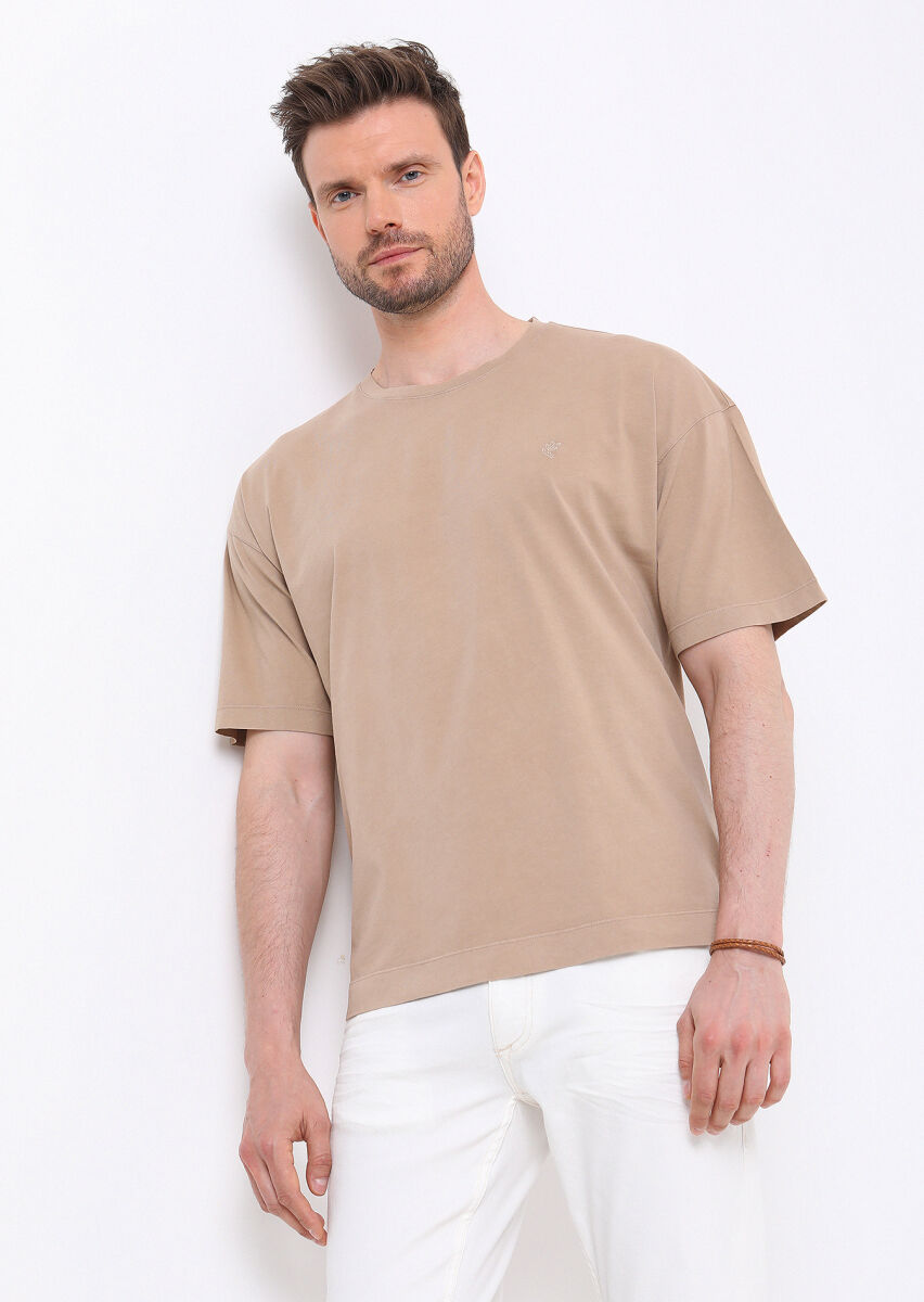 Mink Plain Crew Neck 100% Cotton T-Shirt - 1