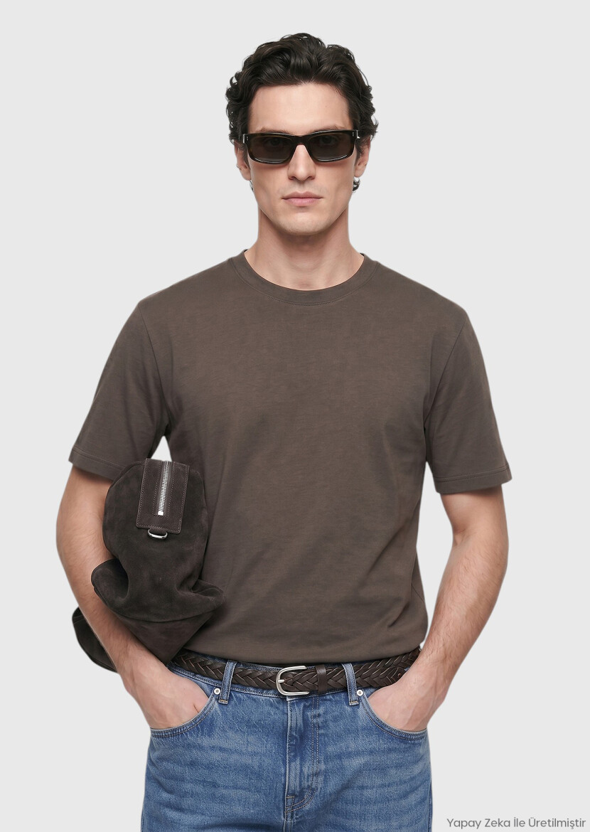 Mink Plain Crew Neck 100% Cotton T-Shirt - RAMSEY