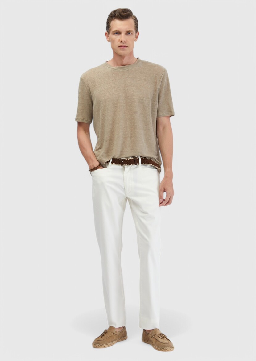 Mink Plain Crew Neck 100% Linen T-Shirt - RAMSEY