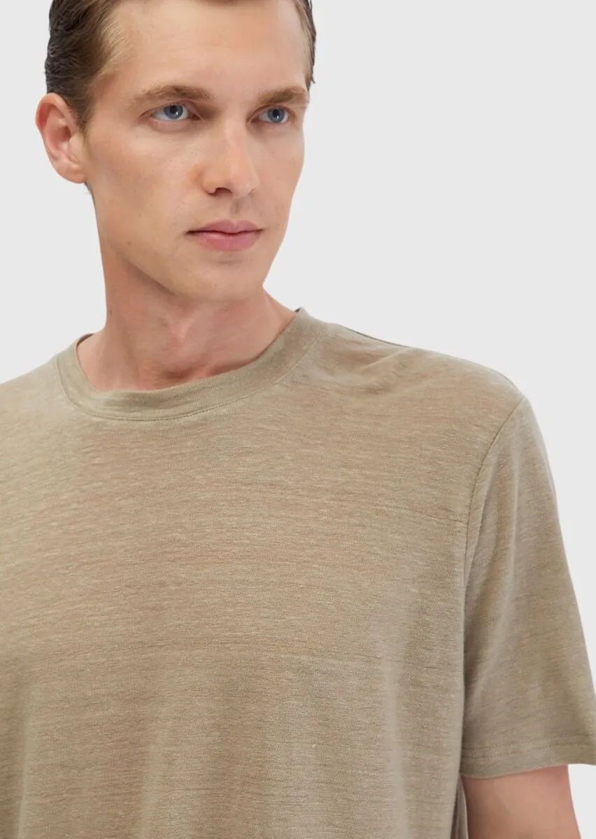 Mink Plain Crew Neck 100% Linen T-Shirt - 3