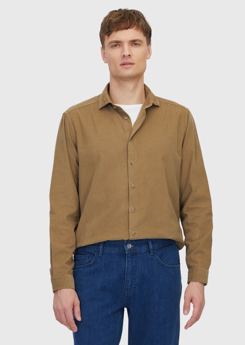 Mink Plain Long Weaving Casual 100% Cotton Shirt - 1