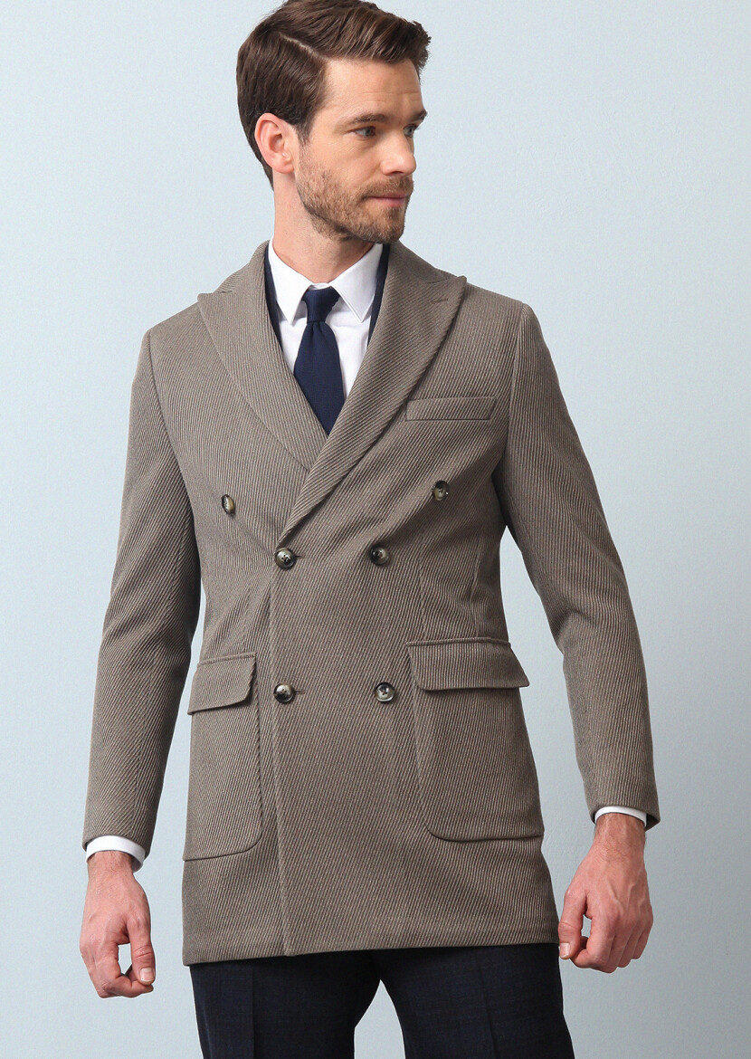 Mink Regular Fit Double Breasted Collar Casual Weaving Overcoat - 1
