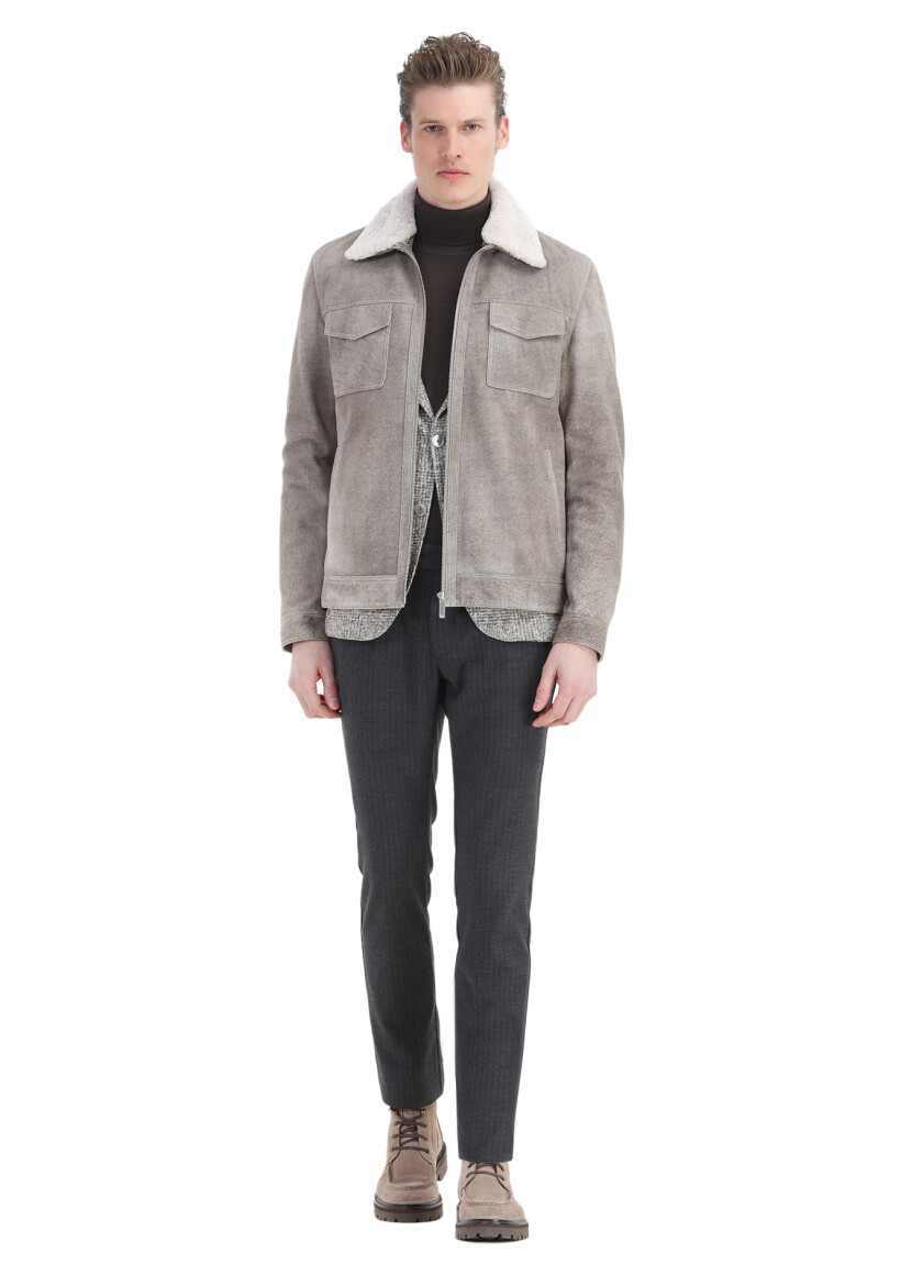 Mink Regular Fit Shirt Collar Casual Suede Leather Coat - 2