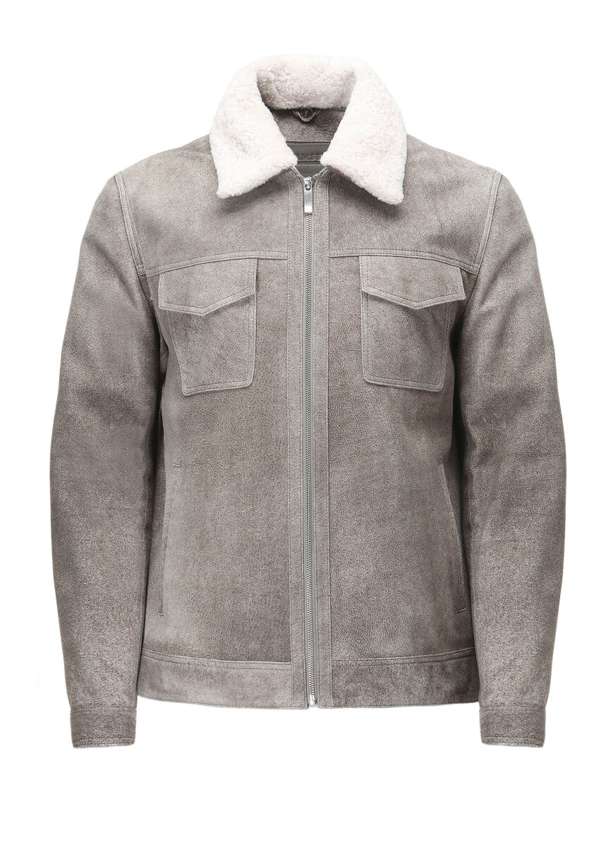 Mink Regular Fit Shirt Collar Casual Suede Leather Coat - 7