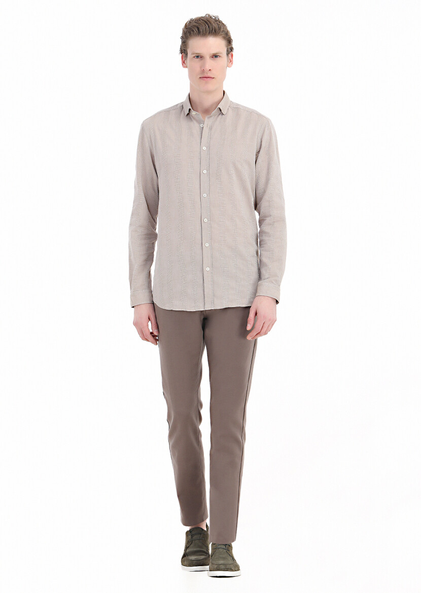 Mink Striped Regular Fit Long Weaving Casual 100% Cotton Shirt - 1
