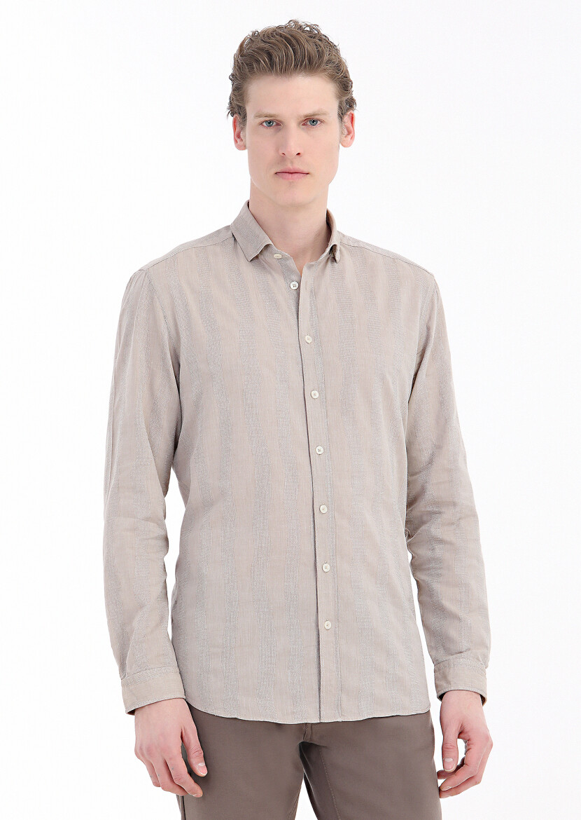 Mink Striped Regular Fit Long Weaving Casual 100% Cotton Shirt 