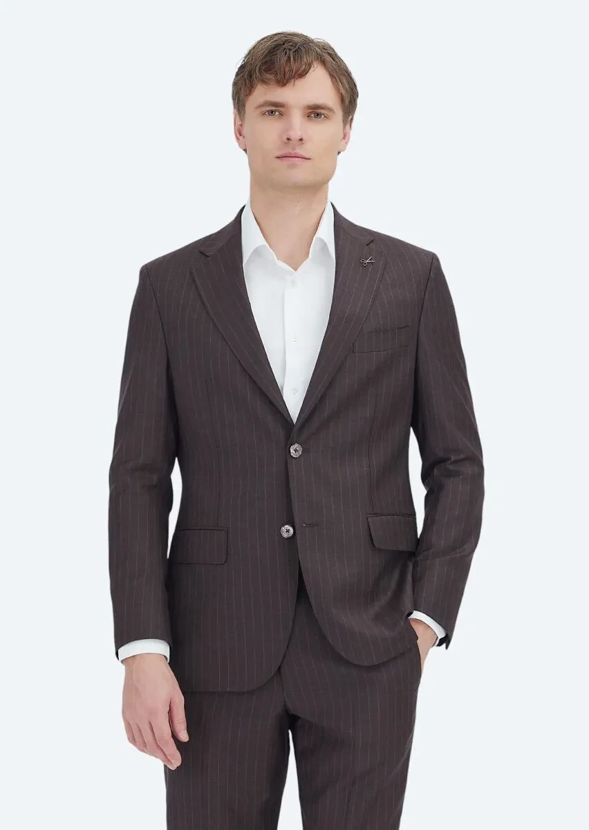 Mink Striped Zeroweight Slim Fit 100% Wool Suit - 2
