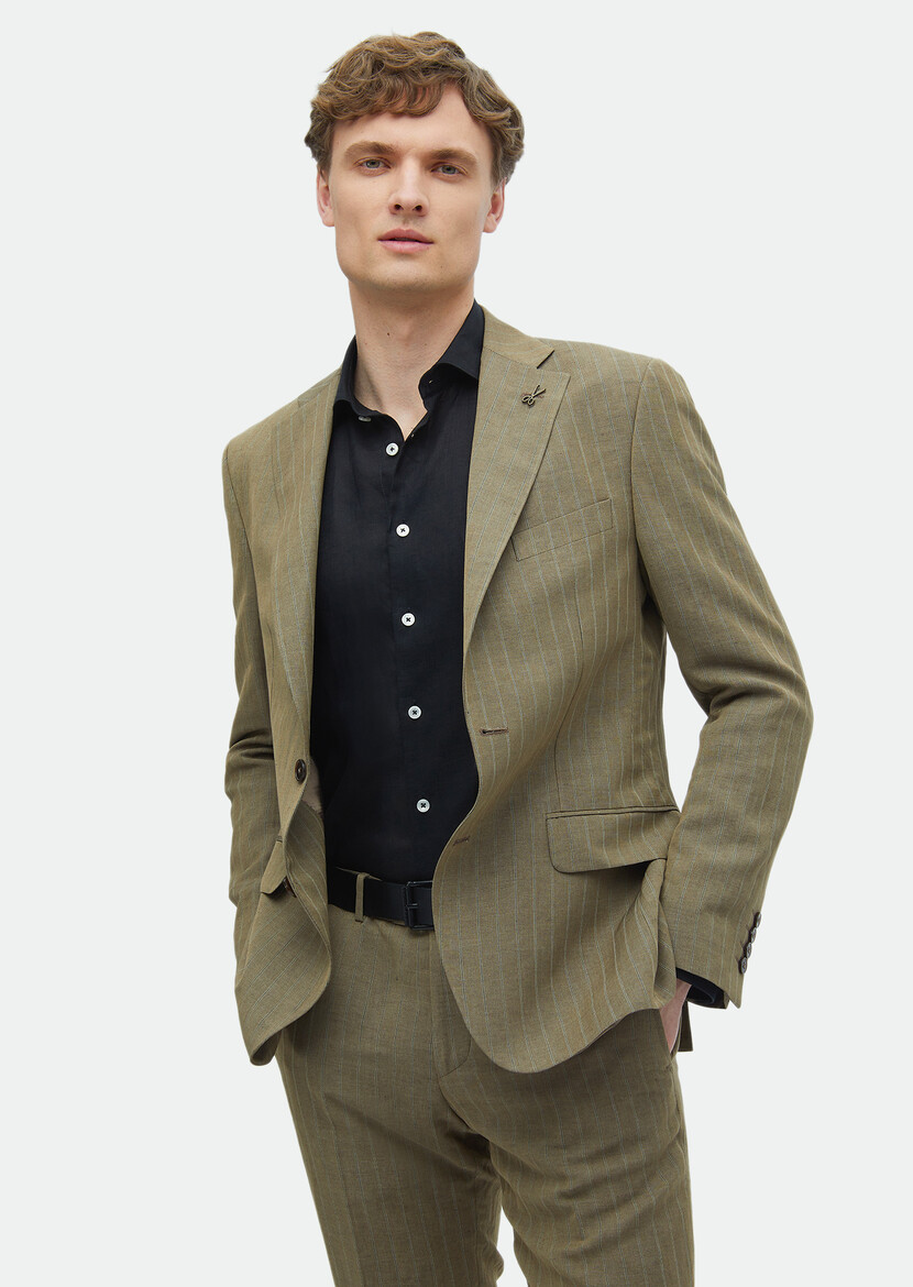 Mink Striped Zeroweight Slim Fit Linen Blended Suit - 3