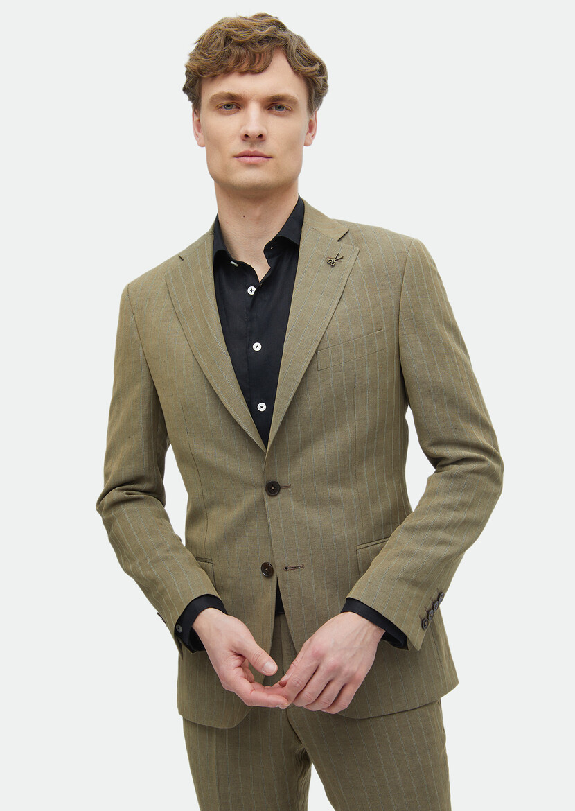 Mink Striped Zeroweight Slim Fit Linen Blended Suit - 4