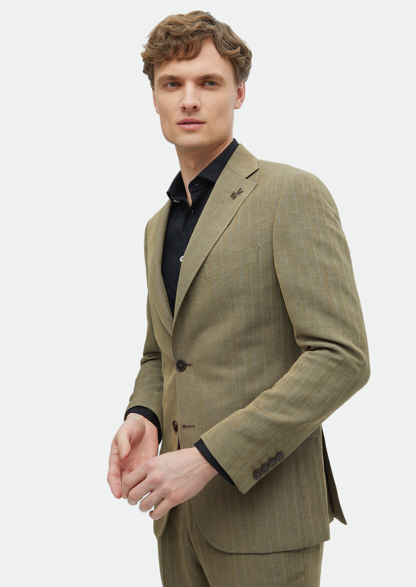 Mink Striped Zeroweight Slim Fit Linen Blended Suit - 5