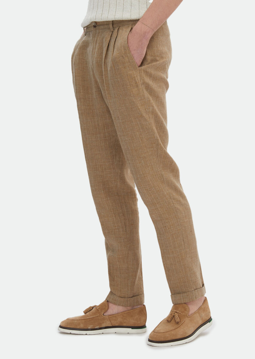 Mink Weaving Carrot Fit Classical 100% Linen Trousers - 2