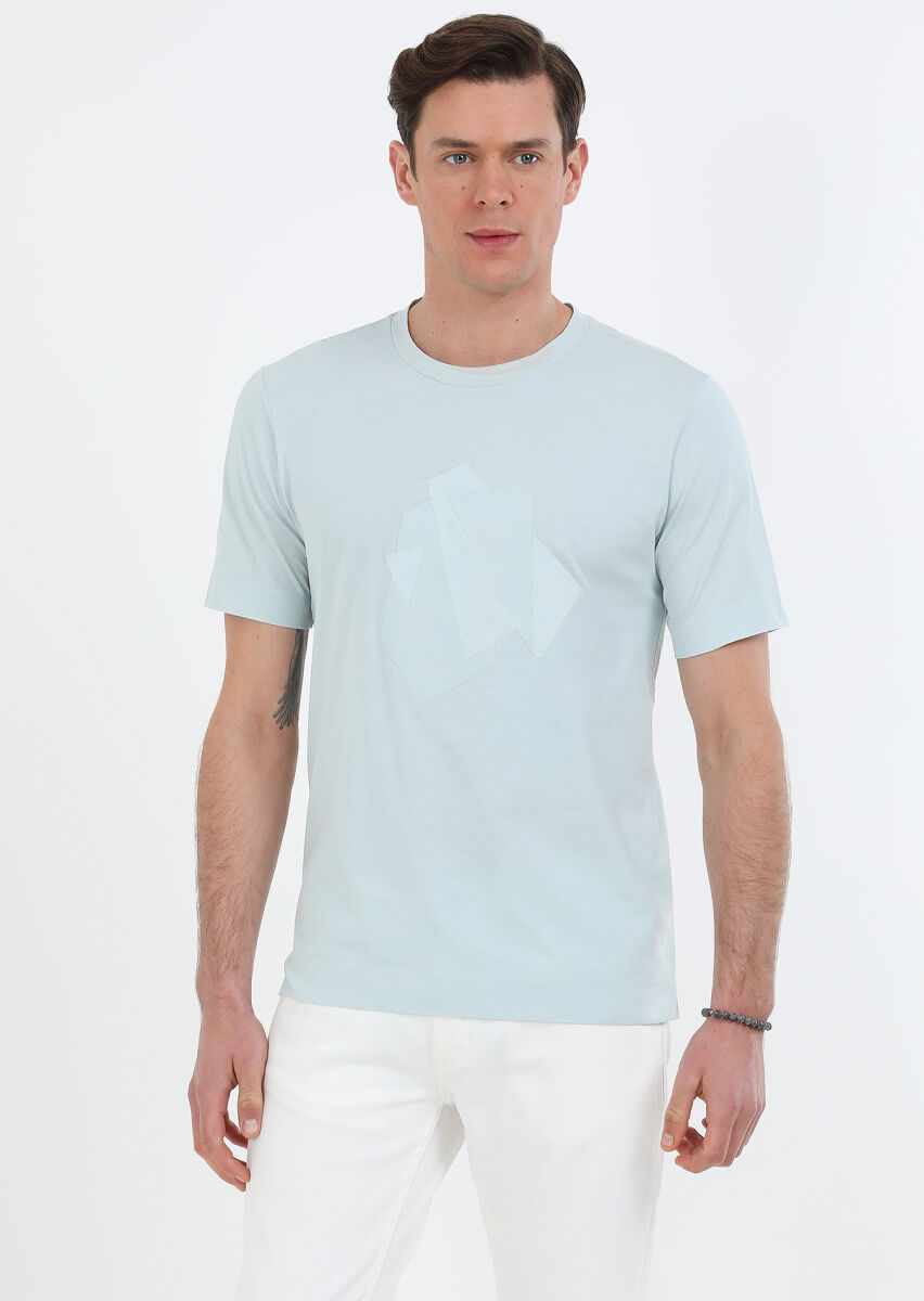 Mint Baskılı Bisiklet Yaka Pamuk Karışımlı T-Shirt - 1