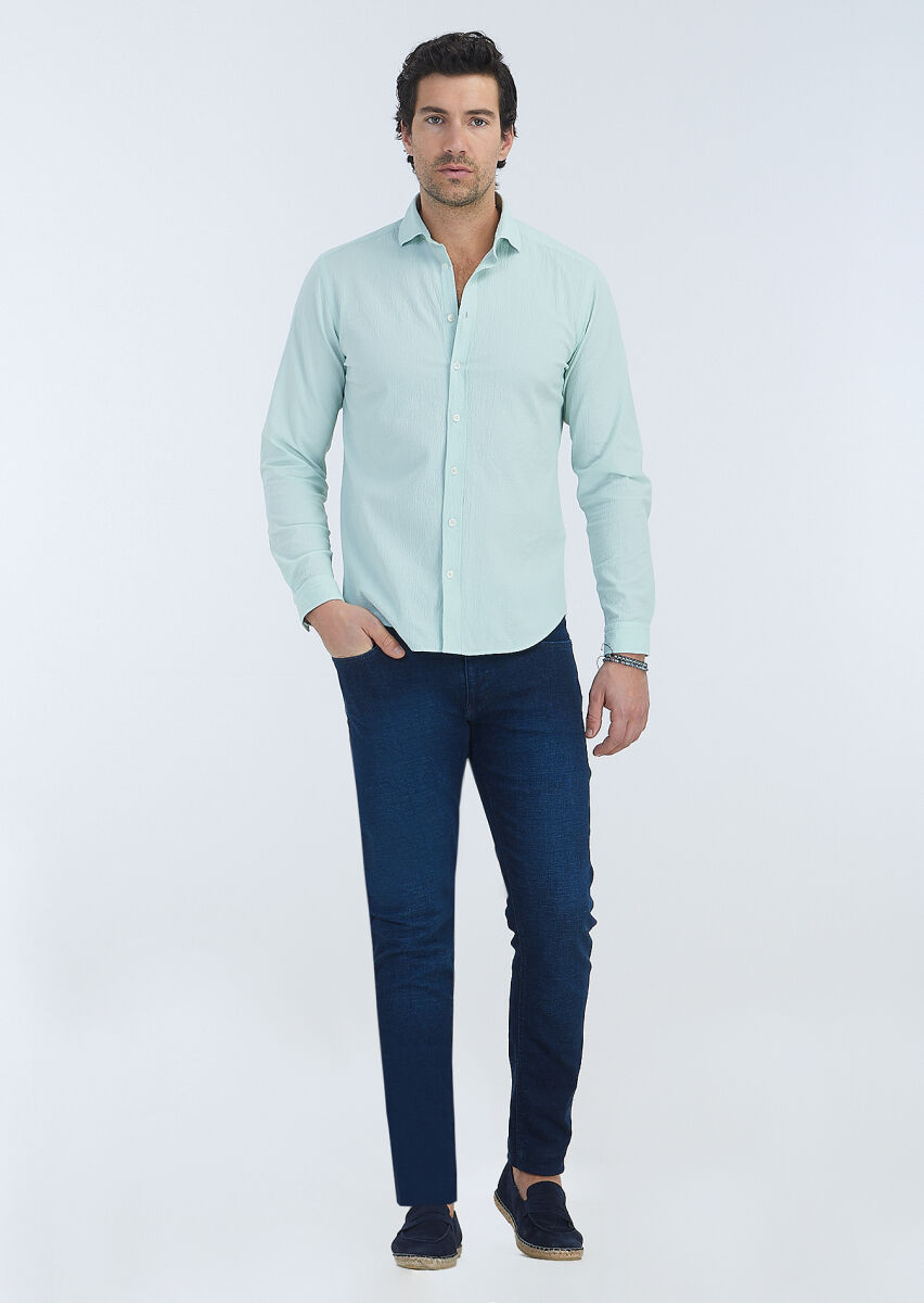 Mint Çizgili Regular Fit Uzun Dokuma Casual Pamuk Karışımlı Gömlek - 1