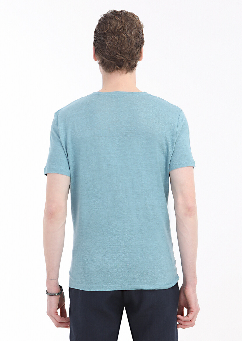 Mint Düz Bisiklet Yaka %100 Keten T-Shirt - 3