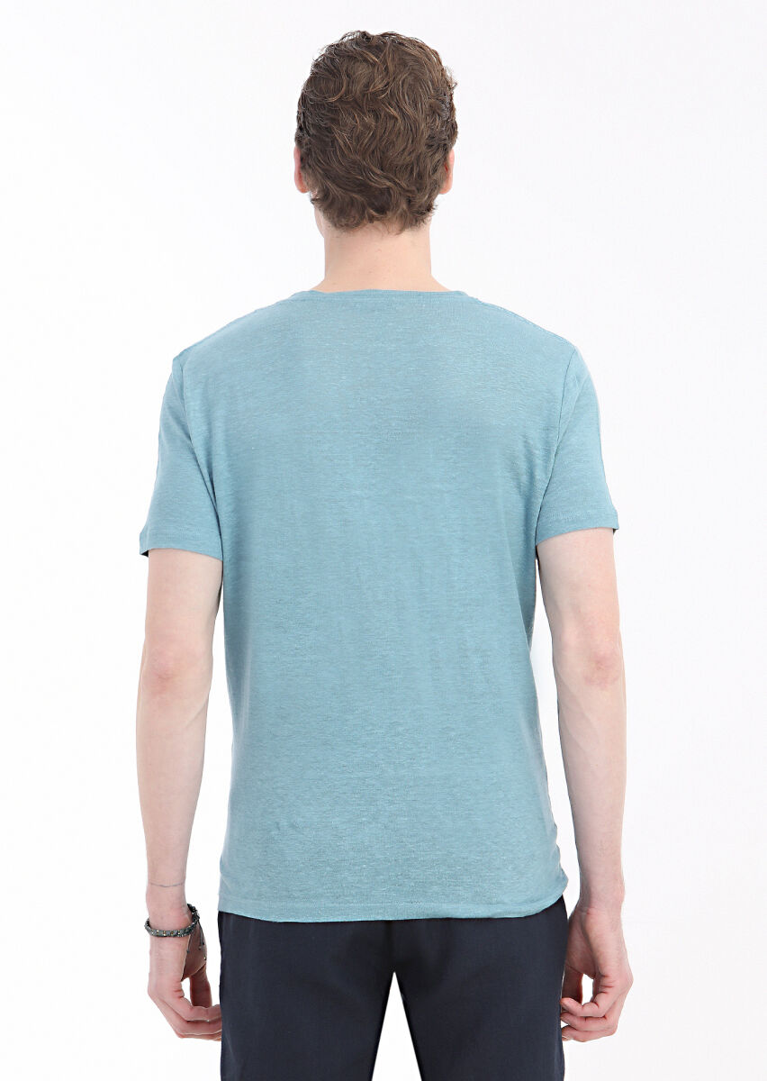 Mint Düz Bisiklet Yaka %100 Keten T-Shirt - 3
