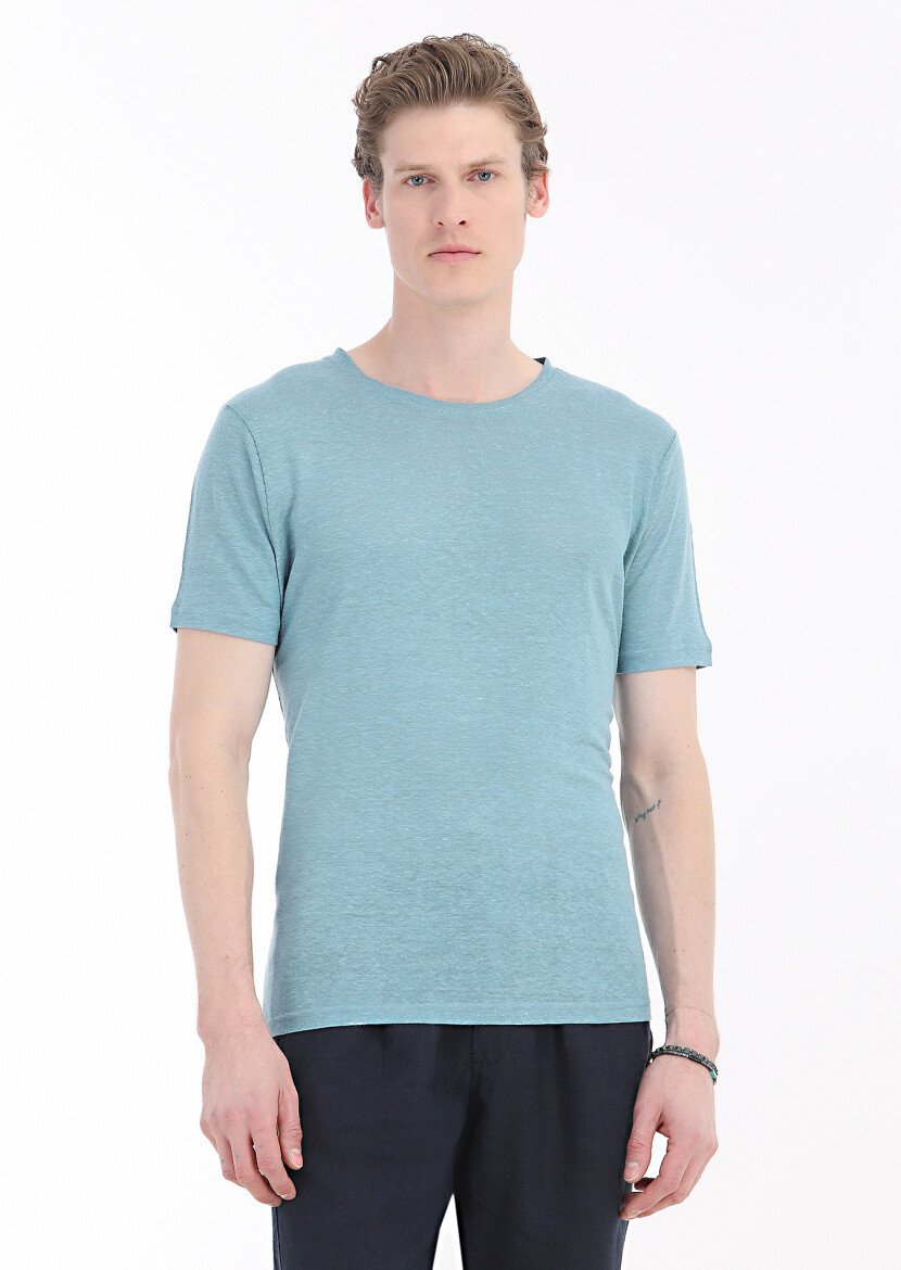 Mint Düz Bisiklet Yaka %100 Keten T-Shirt 