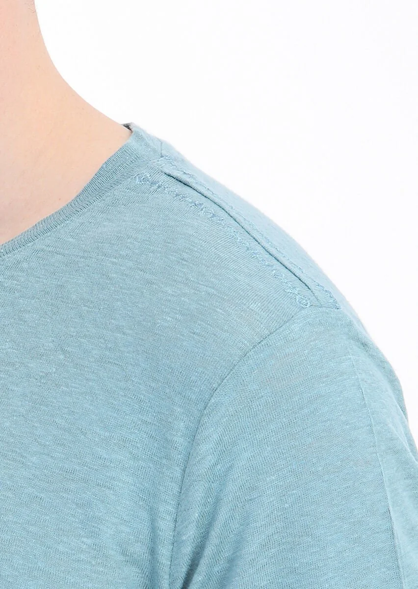 Mint Düz Bisiklet Yaka %100 Keten T-Shirt - 4