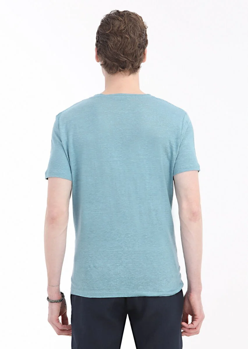 Mint Düz Bisiklet Yaka %100 Keten T-Shirt - 5