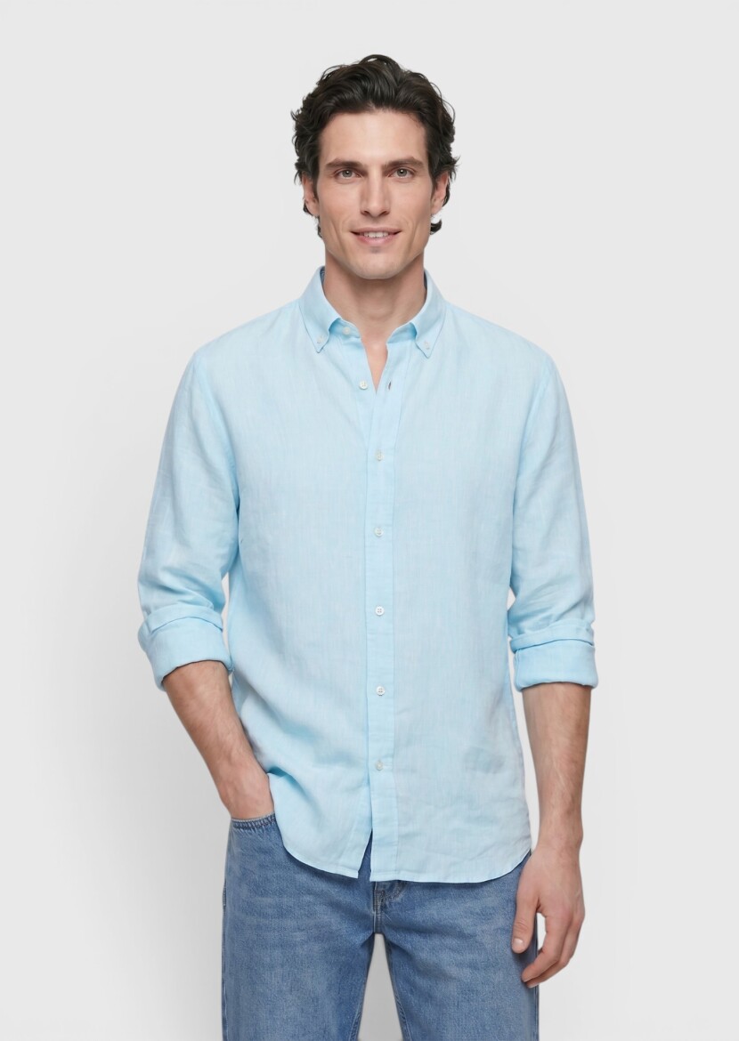 Mint Düz Casual Fit Uzun Dokuma Casual %100 Keten Gömlek 