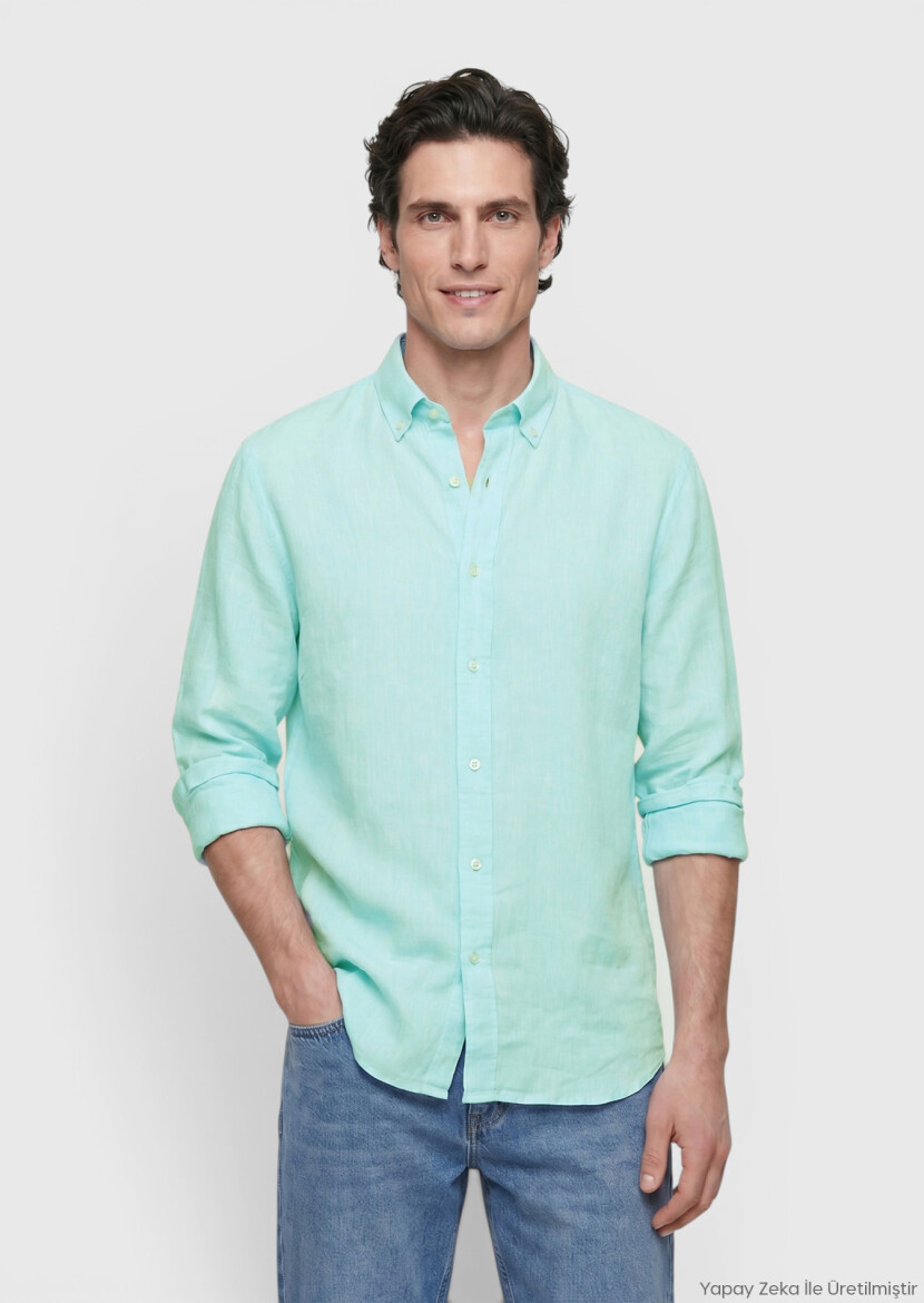 Mint Düz Casual Fit Uzun Dokuma Casual %100 Keten Gömlek 