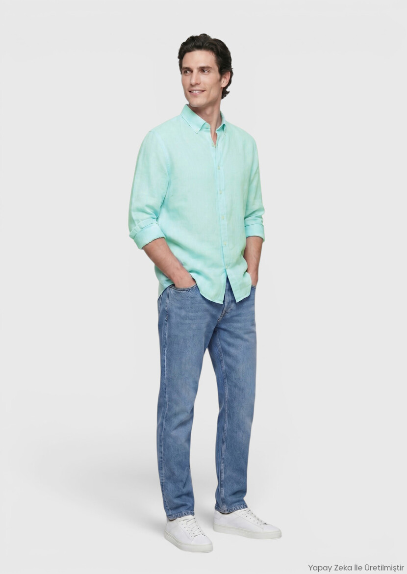 Mint Düz Casual Fit Uzun Dokuma Casual %100 Keten Gömlek - RAMSEY