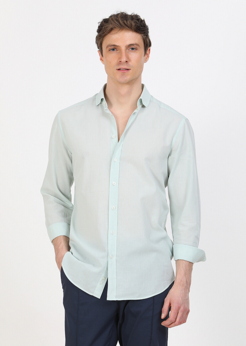 Mint Düz Regular Fit Uzun Dokuma Casual %100 Pamuk Gömlek - 1