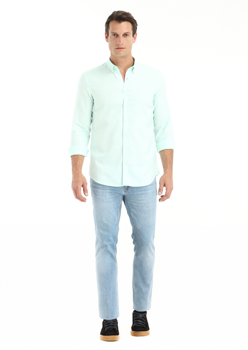 Mint Düz Slim Fit Dokuma Casual %100 Pamuk Gömlek - 1