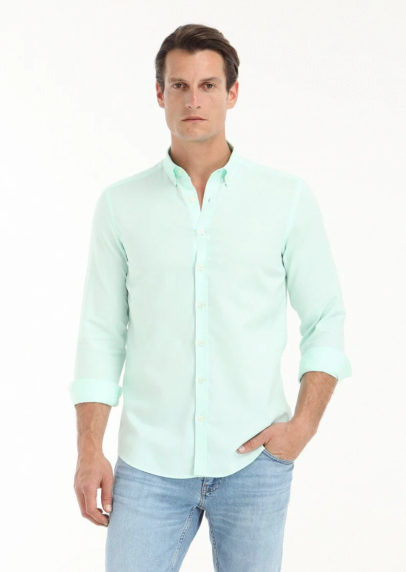 Mint Düz Slim Fit Dokuma Casual %100 Pamuk Gömlek 