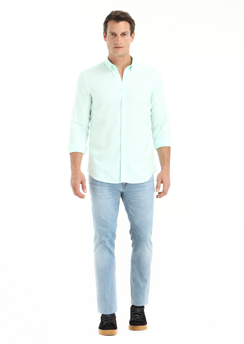 Mint Düz Slim Fit Uzun Dokuma Casual %100 Pamuk Gömlek - 1