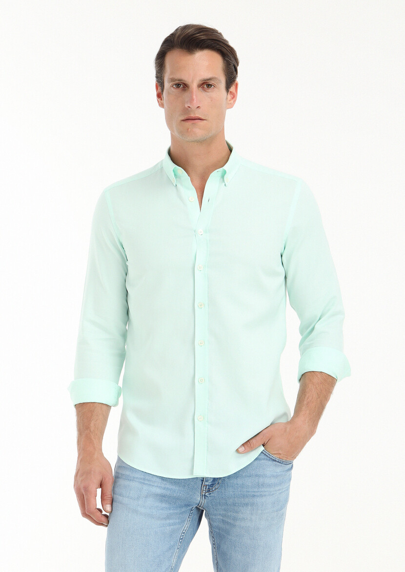 Mint Düz Slim Fit Uzun Dokuma Casual %100 Pamuk Gömlek 