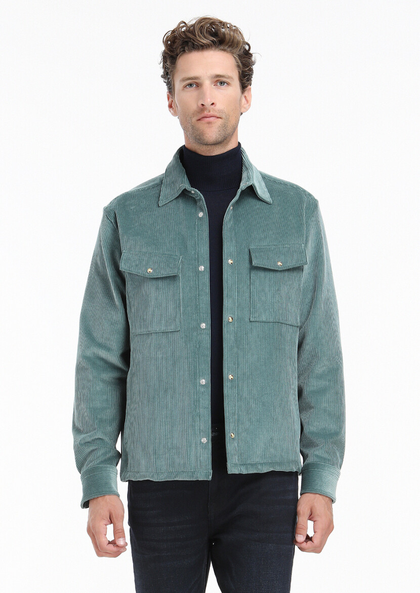 Mint Fitilli Casual Fit Uzun Dokuma Kadife %100 Pamuk Overshırt - 1