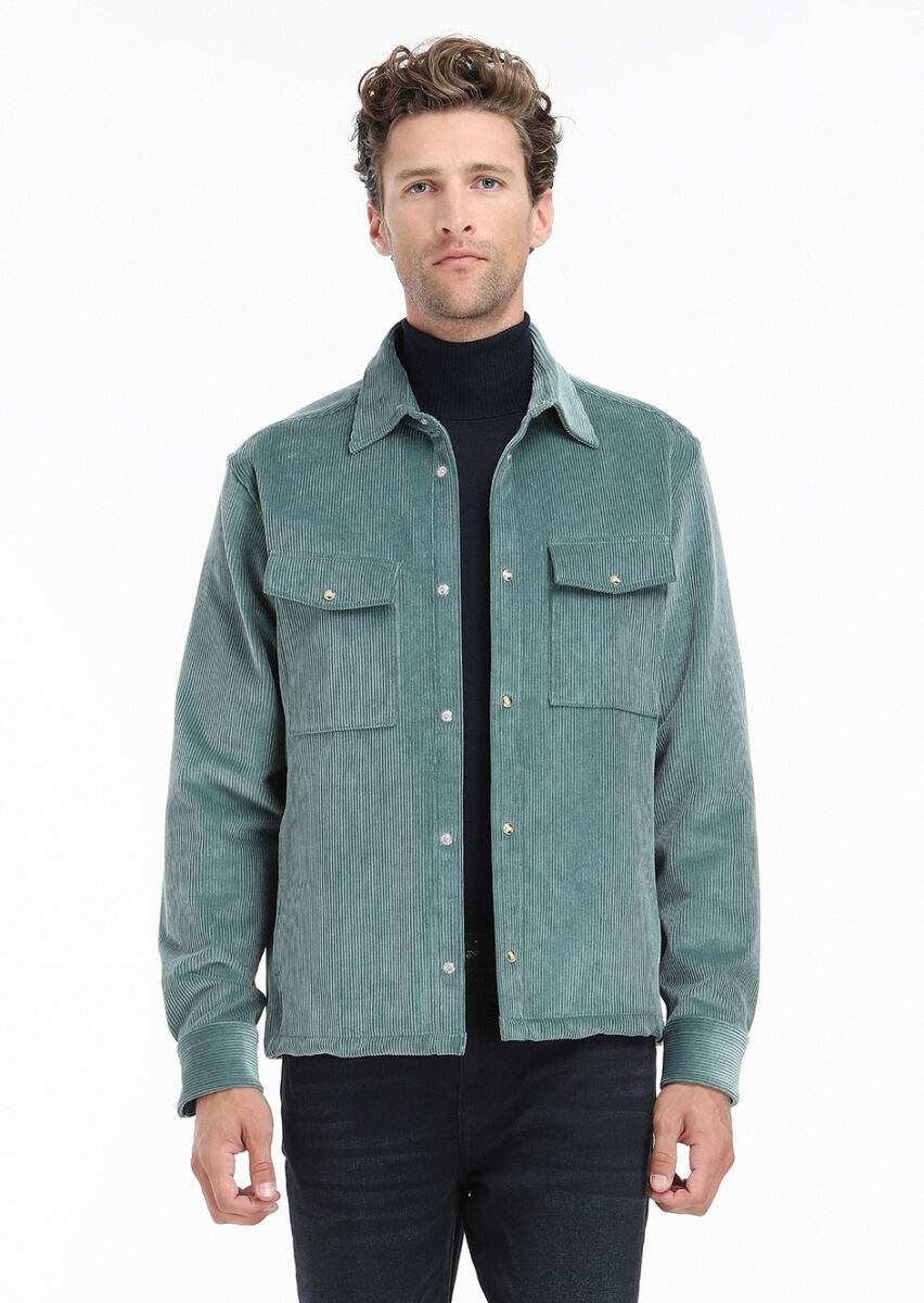 Mint Fitilli Casual Fit Uzun Dokuma Kadife %100 Pamuk Overshırt - 1