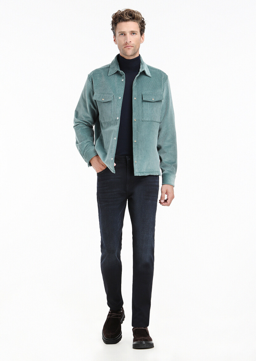 Mint Fitilli Casual Fit Uzun Dokuma Kadife %100 Pamuk Overshırt - 2