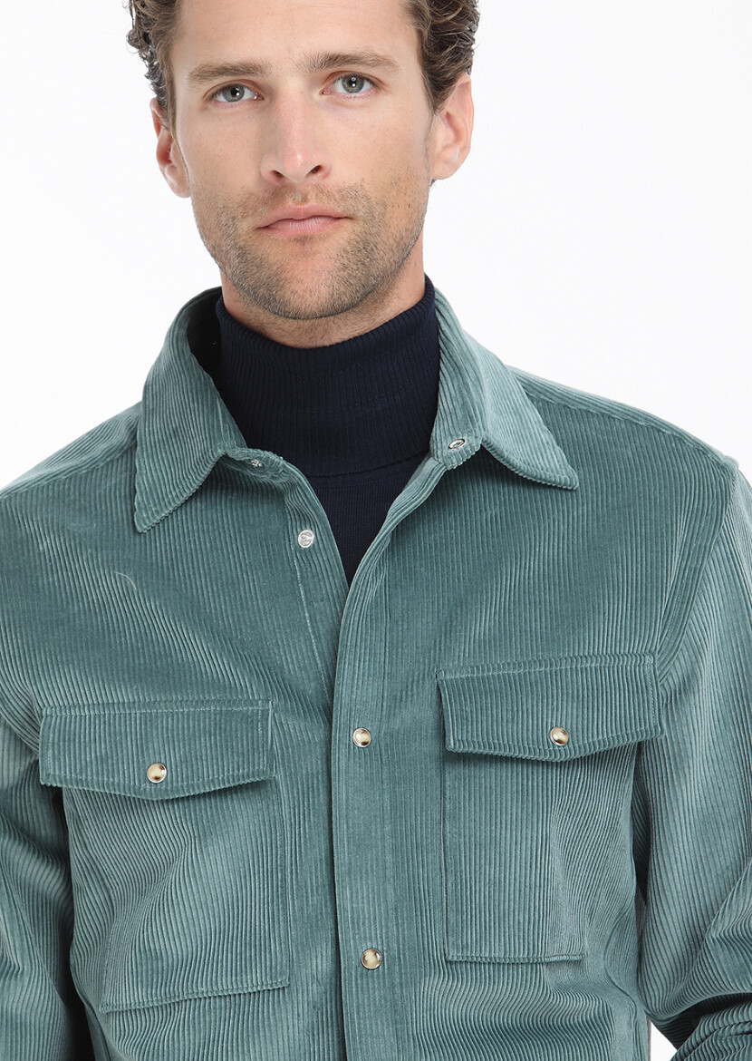 Mint Fitilli Casual Fit Uzun Dokuma Kadife %100 Pamuk Overshırt - 4