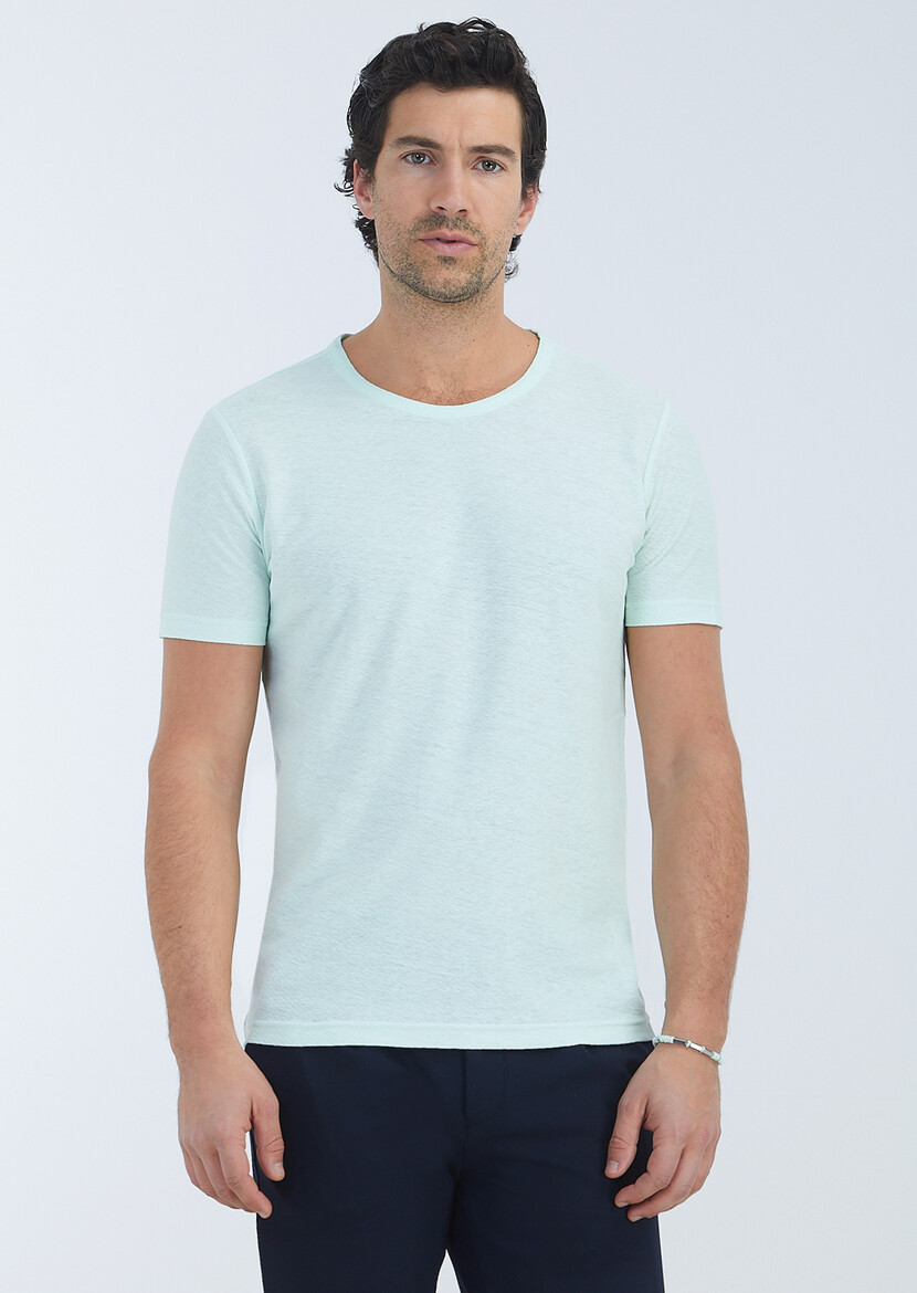 Mint Jacquard Crew Neck Cotton Blended T-Shirt - 2