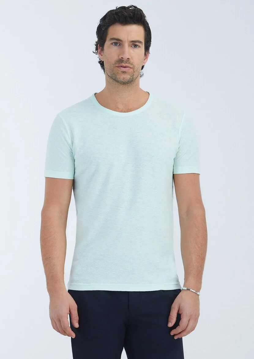 Mint Jacquard Crew Neck Cotton Blended T-Shirt 