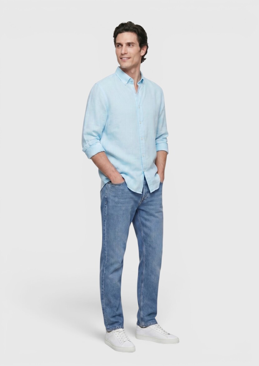 Mint Plain Casual Fit Long Weaving Casual 100% Linen Shirt - RAMSEY