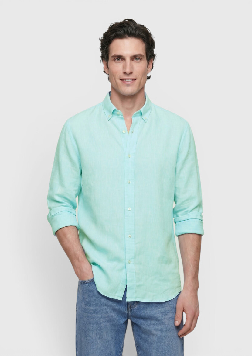 Mint Plain Casual Fit Long Weaving Casual 100% Linen Shirt - RAMSEY