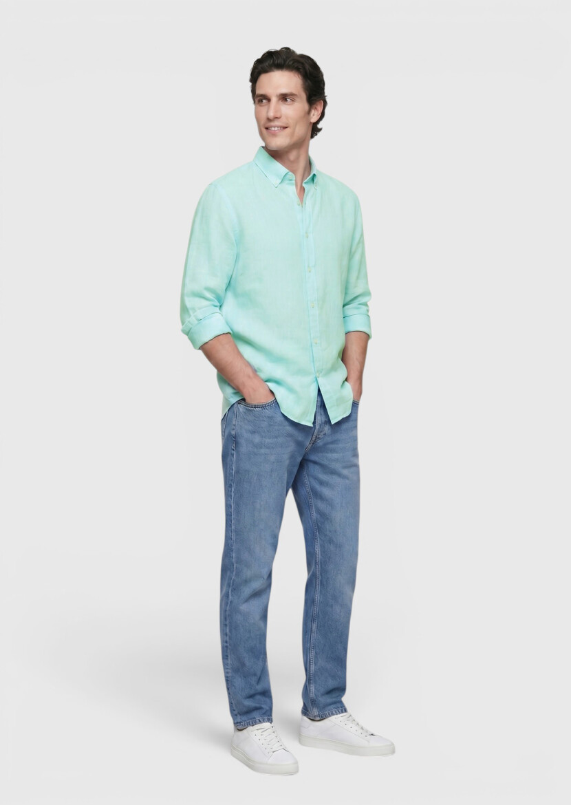 Mint Plain Casual Fit Long Weaving Casual 100% Linen Shirt - RAMSEY