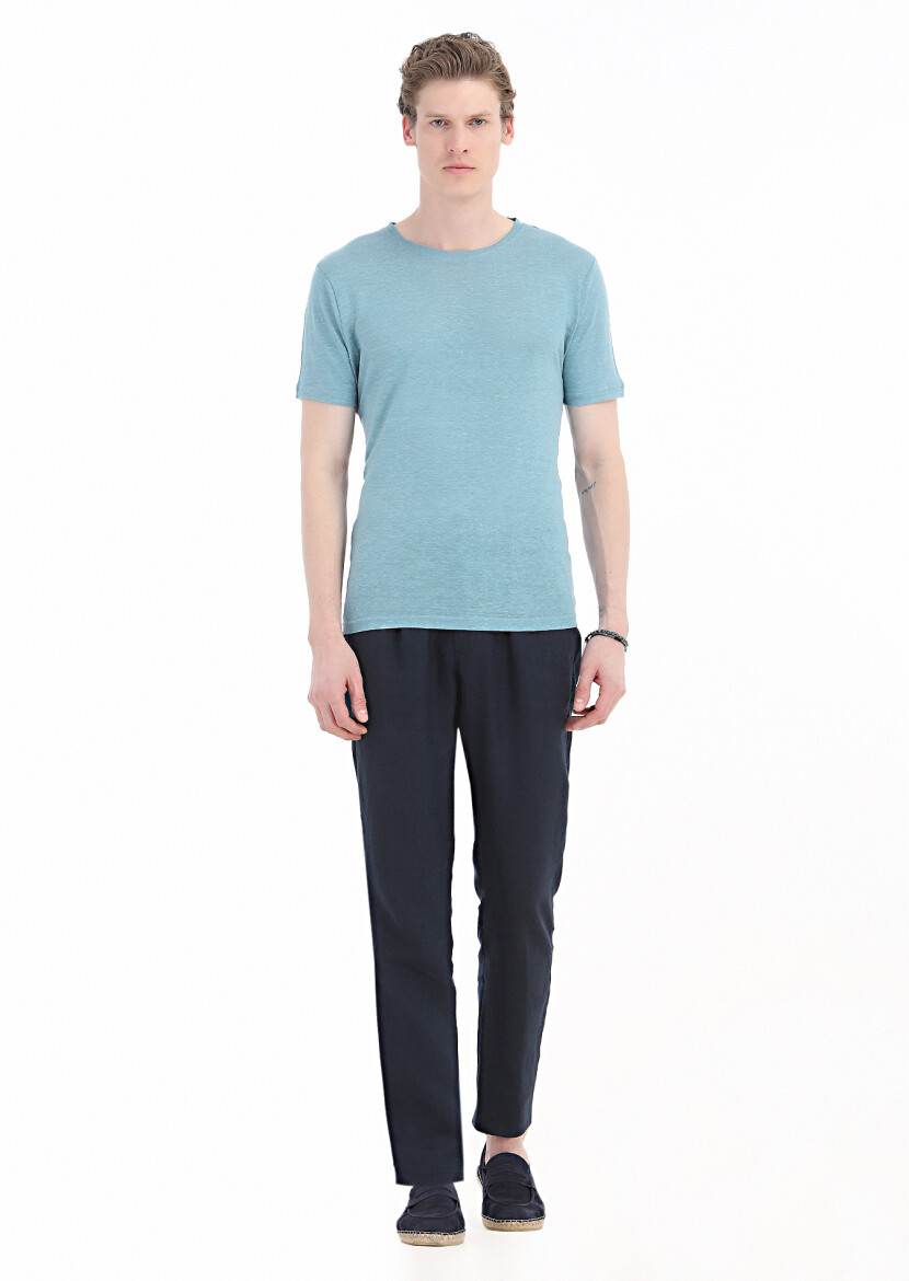 Mint Plain Crew Neck 100% Linen T-Shirt - RAMSEY