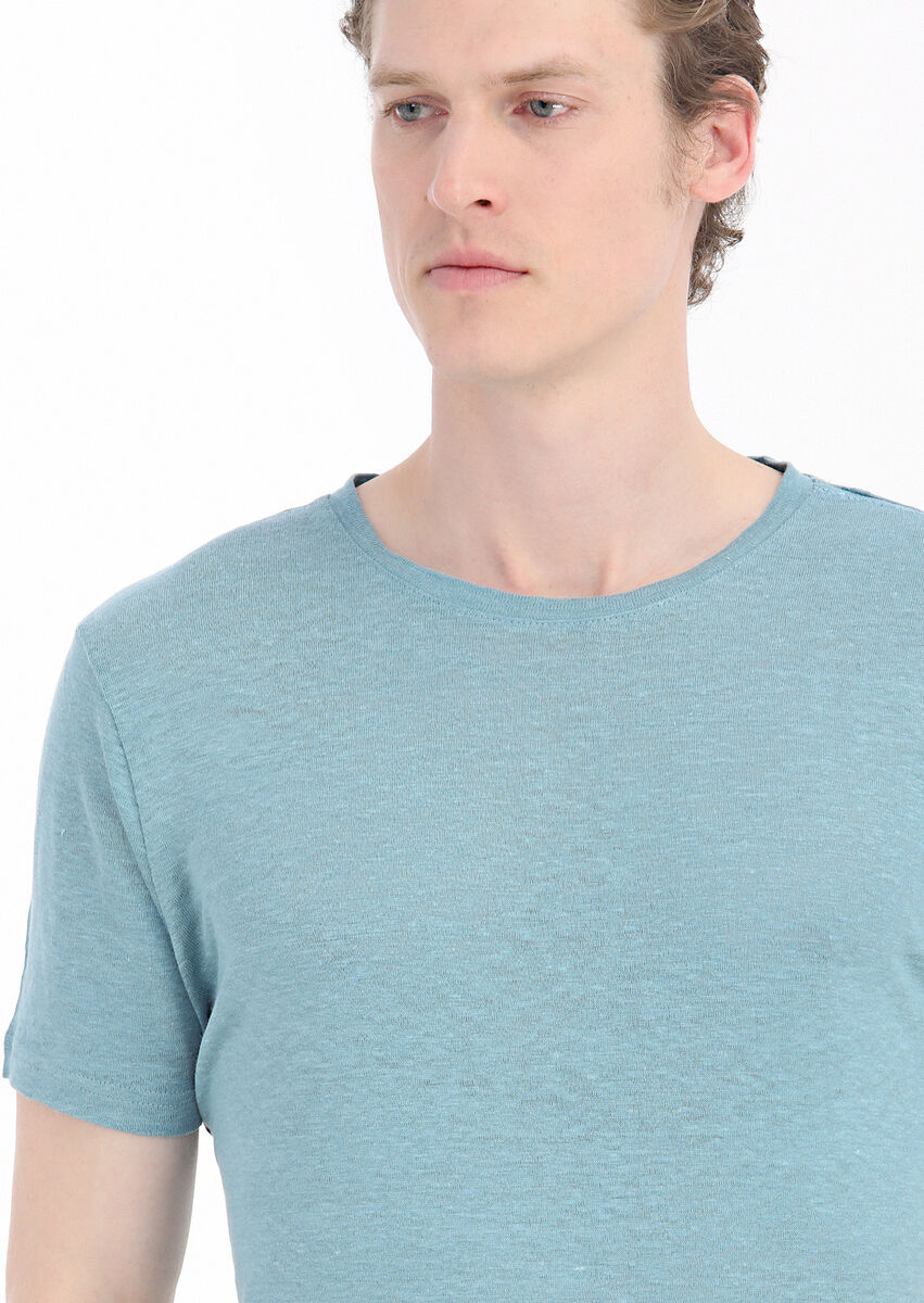 Mint Plain Crew Neck 100% Linen T-Shirt - 3