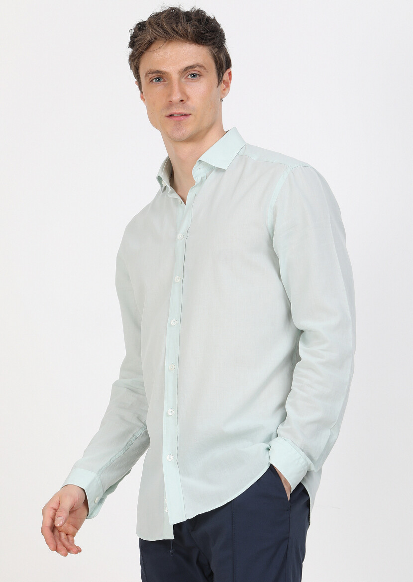 Mint Plain Regular Fit Long Weaving Casual 100% Cotton Shirt 