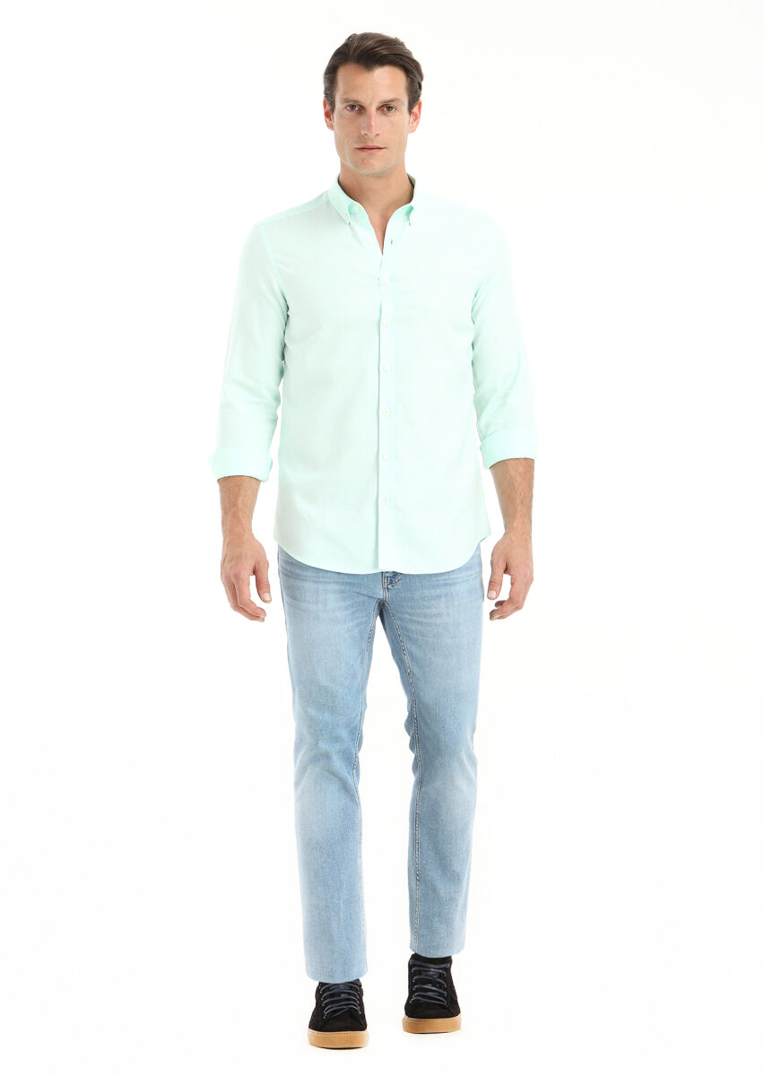 Mint Plain Slim Fit Long Weaving Casual 100% Cotton Shirt - 1