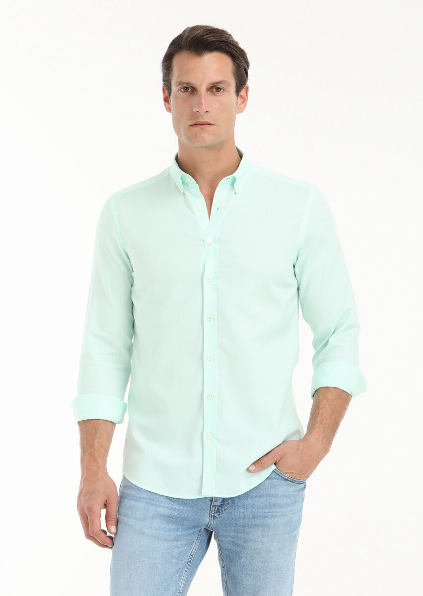 Mint Plain Slim Fit Long Weaving Casual 100% Cotton Shirt - 2