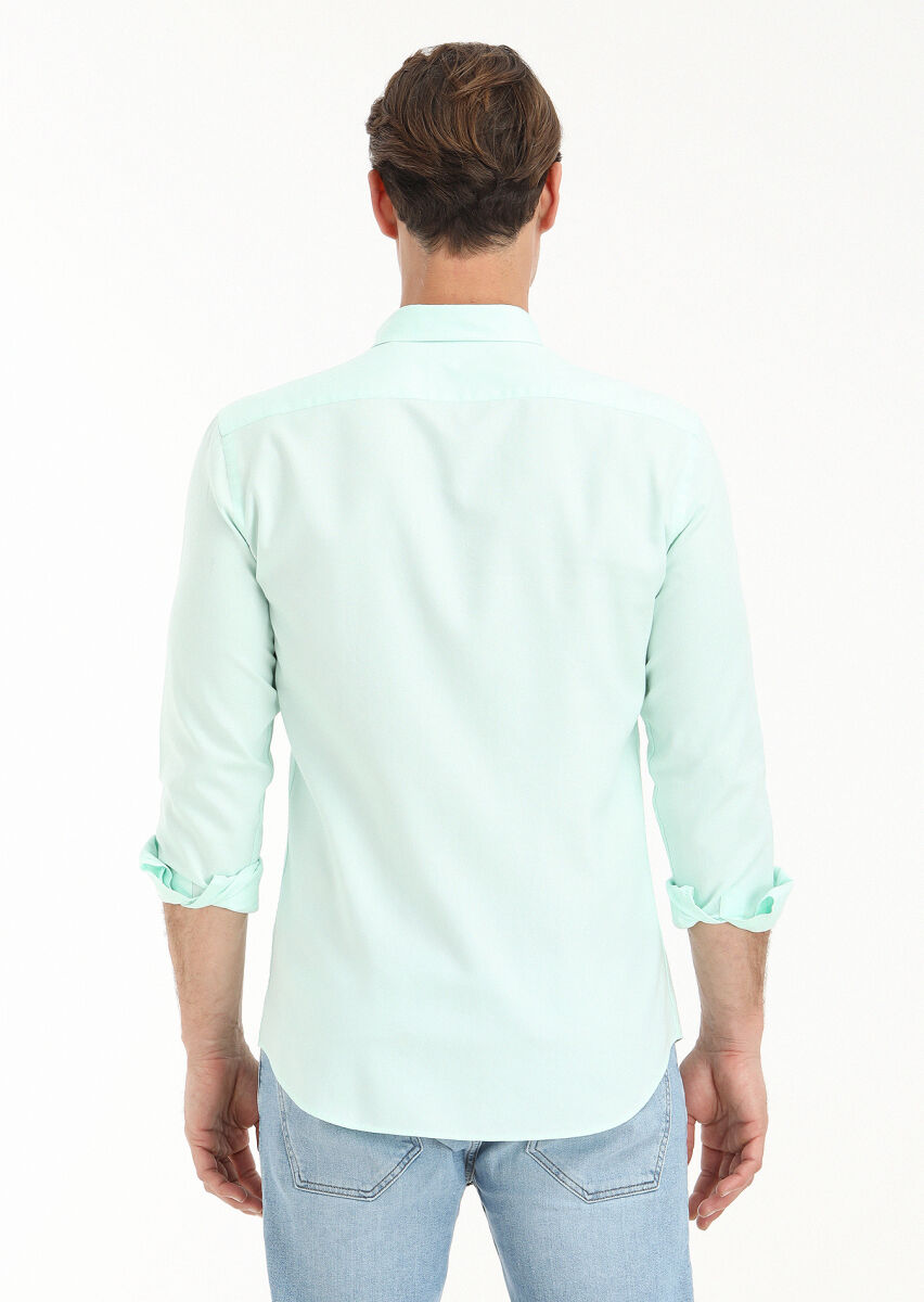 Mint Plain Slim Fit Long Weaving Casual 100% Cotton Shirt - 3