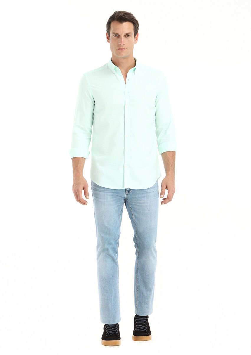 Mint Plain Slim Fit Weaving Casual 100% Cotton Shirt - 1