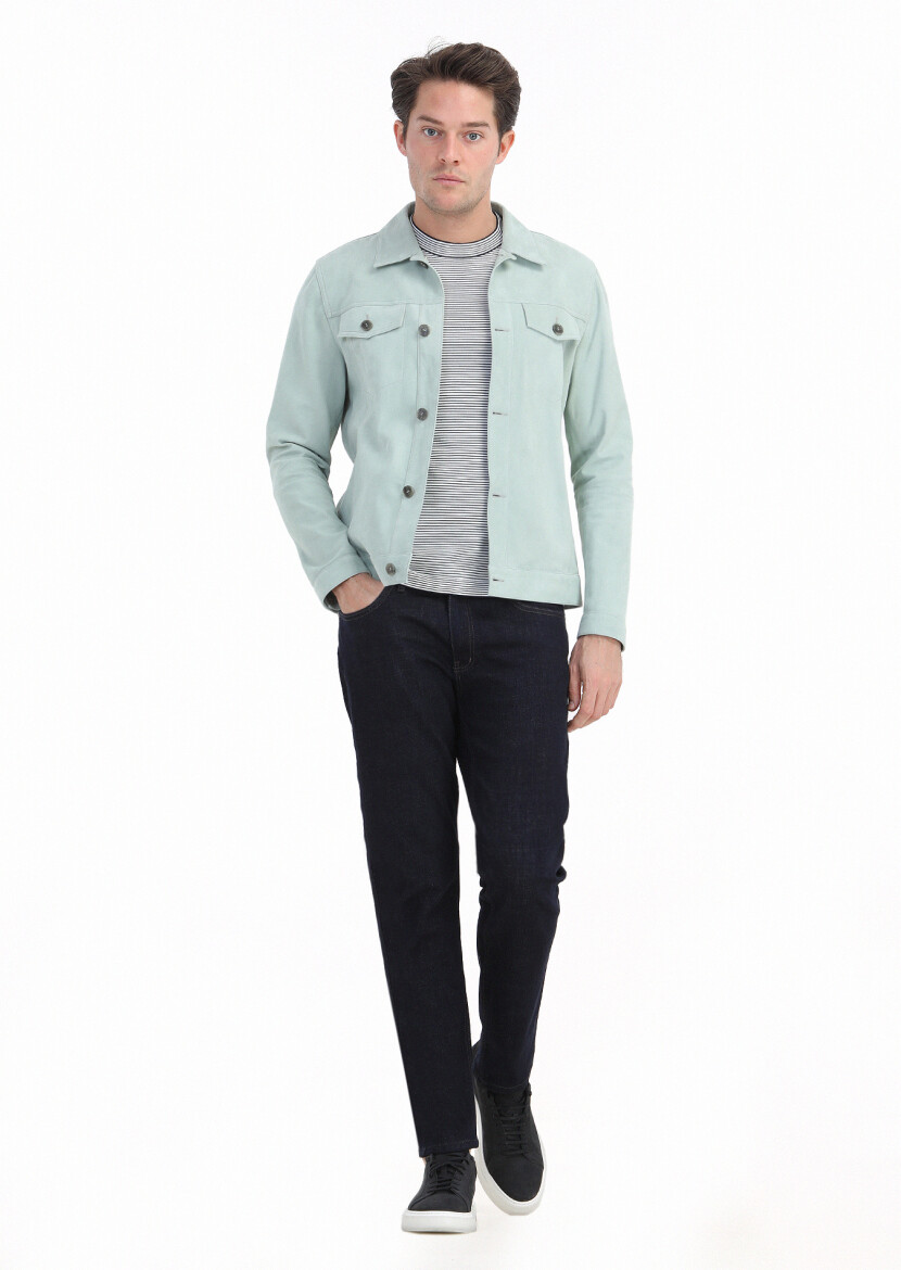 Mint Regular Fit Shirt Collar Casual Suede Leather Coat 
